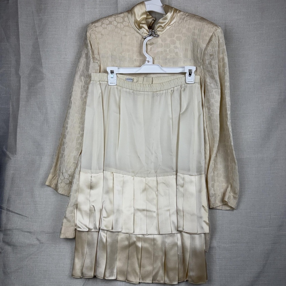 VTG‎ Richard Warren Jacket Skirt Set Womens 10 White Silk Pleated Hem 2 Piece
